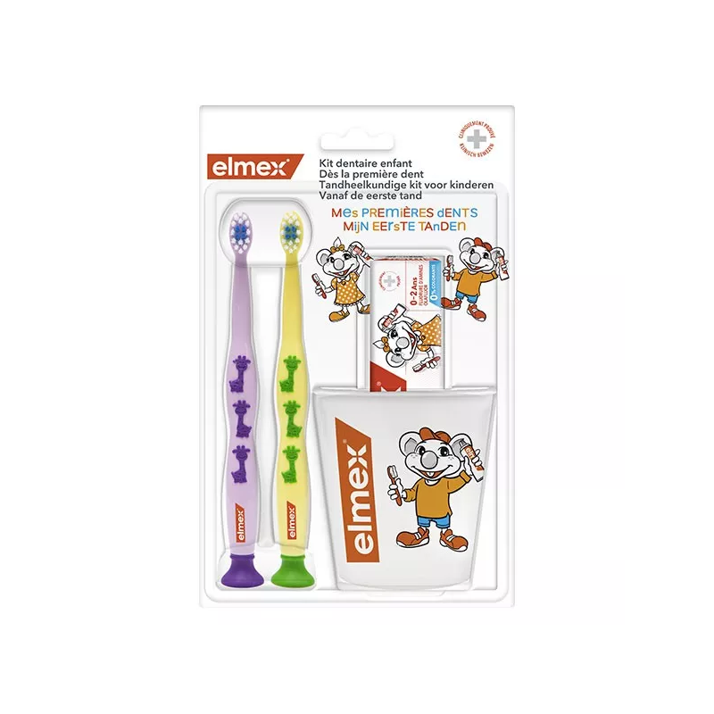 Elmex Kit Dentaire pour Enfants 2 Brosses à dents + 1 Dentifrice + 1 Gobelet
