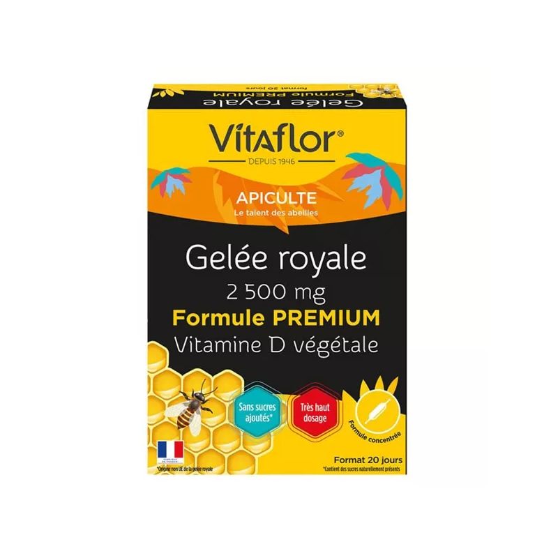 Vitaflor Apiculte Gelée royale 2500mg & Vitamine D - 20 ampoules de 10ml