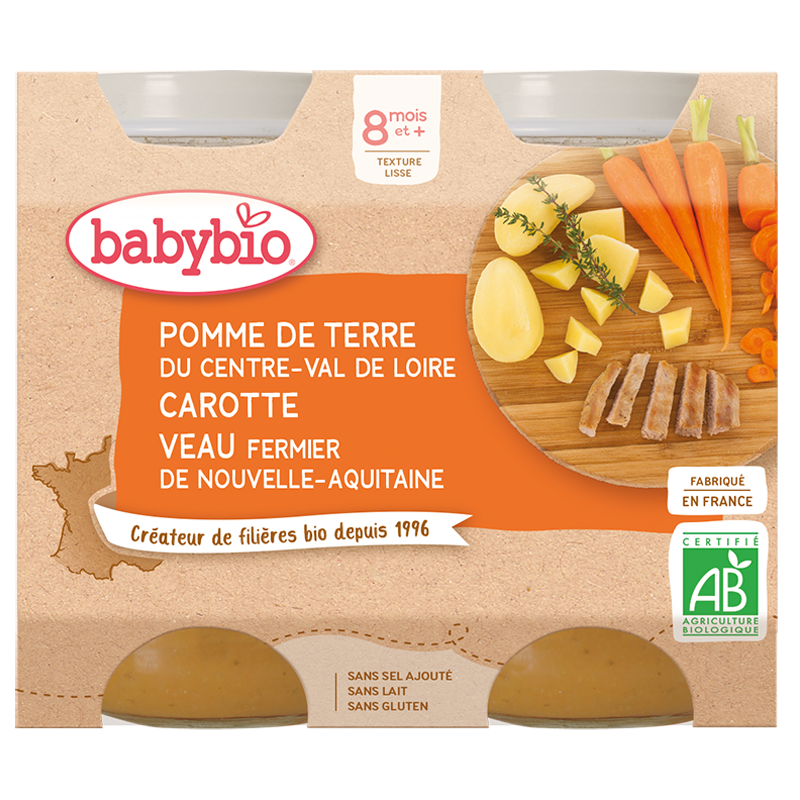 Babybio Menu du Midi Pommes de terre, Carottes & Veau 2x200g