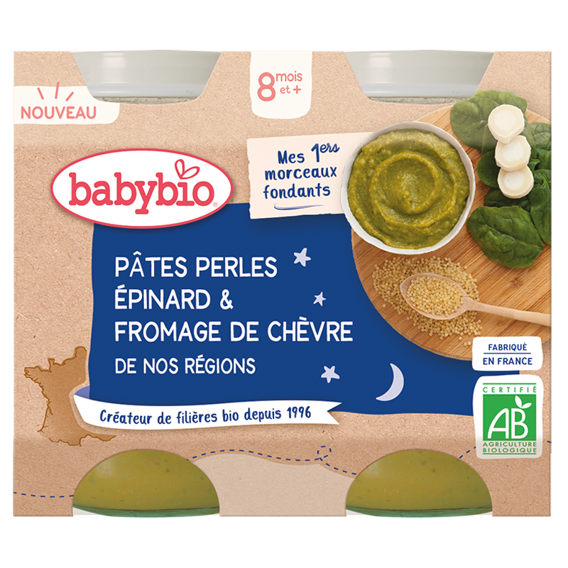 Babybio Menu du Soir Pâtes, Epinards & Fromage de Chèvre 2x200g