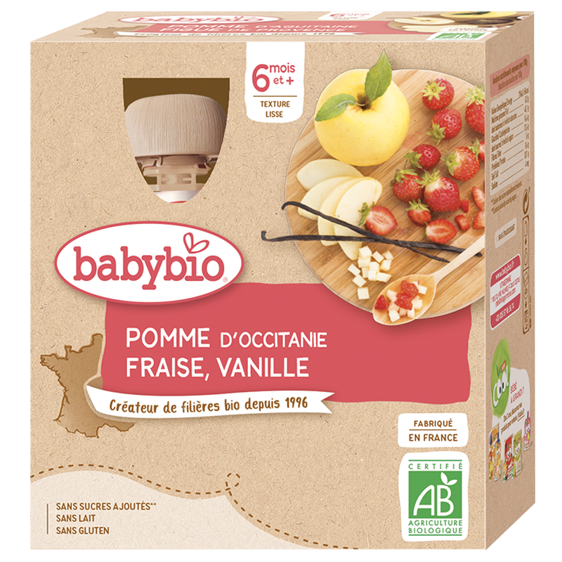 Babybio Gourde Pomme, Fraise & Vanille 4x90g