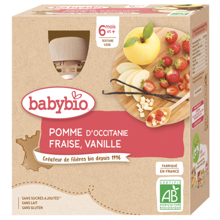 Babybio Gourde Pomme, Fraise & Vanille 4x90g