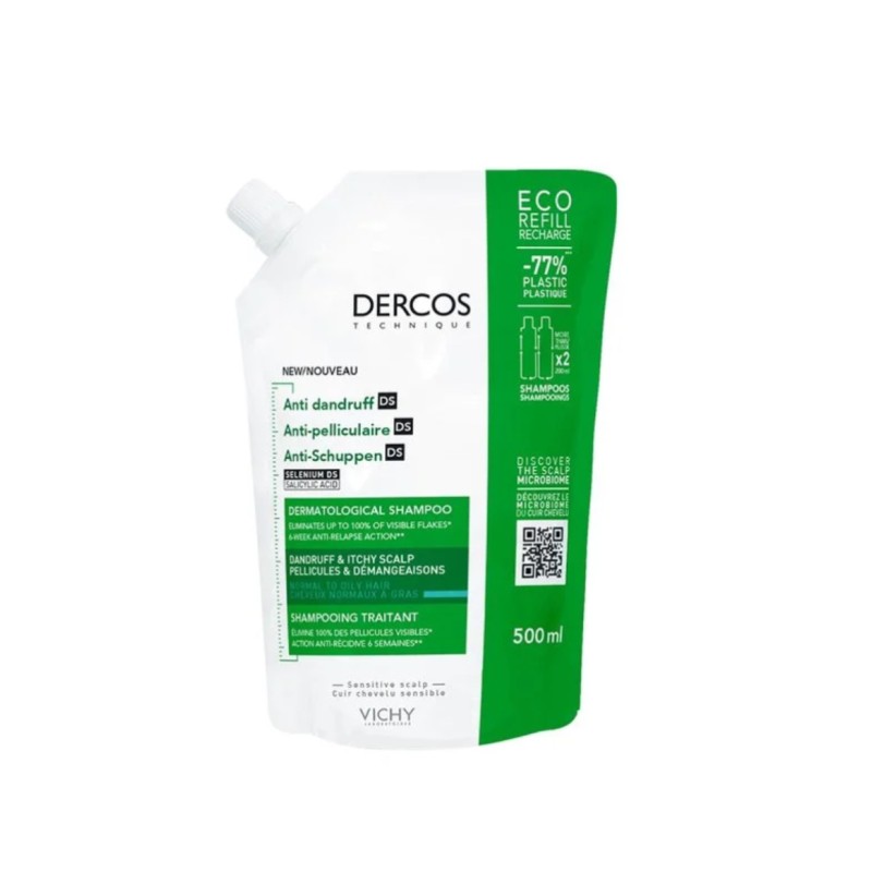 Vichy Dercos Shampooing traitant Anti-Pelliculaire DS Cheveux normaux à secs Eco-Recharge 500 ml